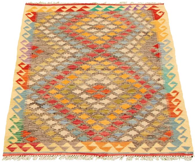 Turkish Bold and Colorful 3'2" x 5'1" Flat-Weave Wool Kilim 