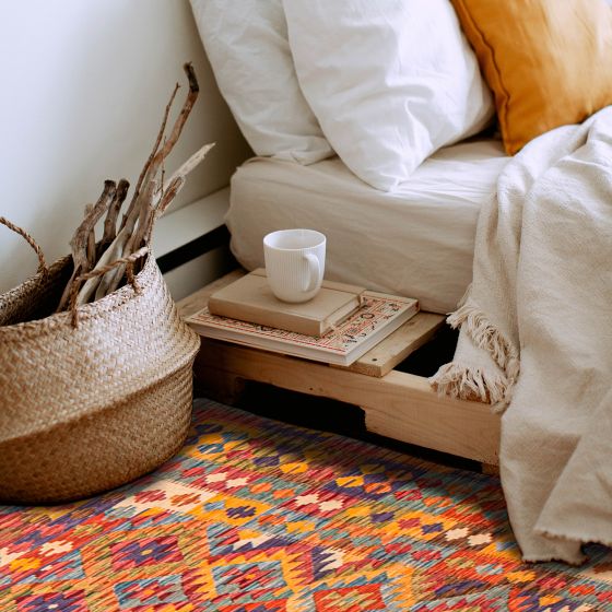 Turkish Bold and Colorful 5'2" x 6'6" Flat-Weave Wool Kilim 