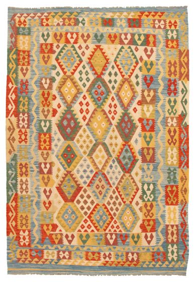 Turkish Bold and Colorful 6'9" x 9'7" Flat-Weave Wool Kilim 