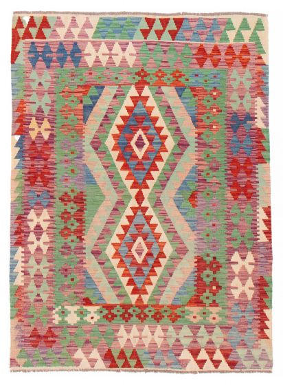 Turkish Bold and Colorful 4'4" x 5'8" Flat-Weave Wool Kilim 