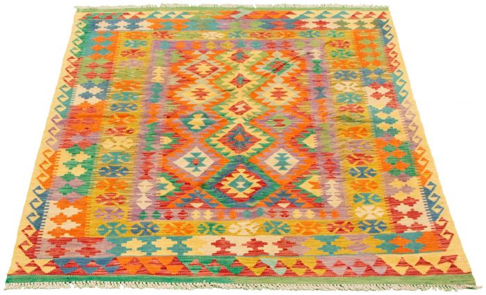 Turkish Bold and Colorful 5'1" x 6'6" Flat-Weave Wool Kilim 