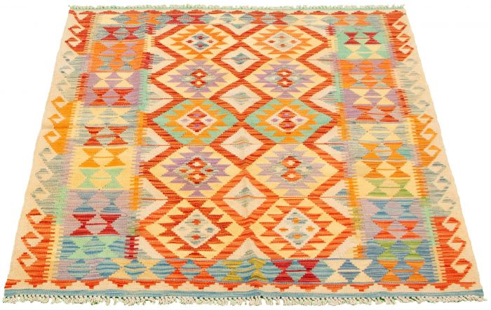 Turkish Bold and Colorful 4'9" x 5'11" Flat-Weave Wool Kilim 