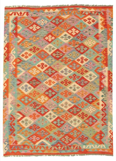 Turkish Bold and Colorful 5'8" x 7'8" Flat-Weave Wool Kilim 