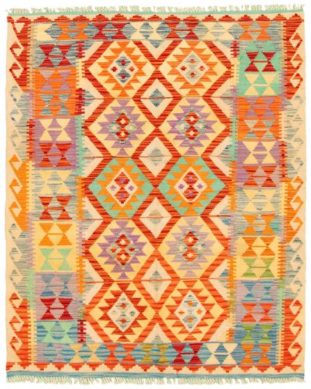 Turkish Bold and Colorful 4'9" x 5'11" Flat-Weave Wool Kilim 