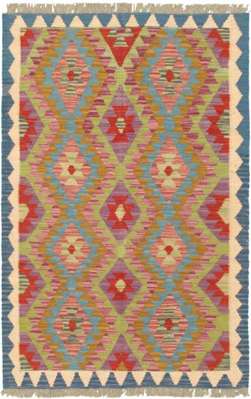 Turkish Bold and Colorful 3'4" x 4'10" Flat-Weave Wool Kilim 