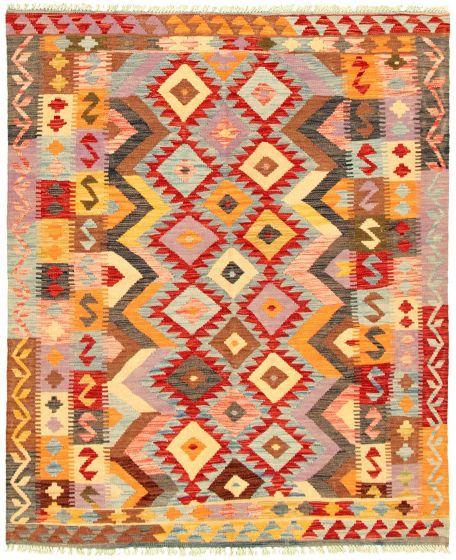 Turkish Bold and Colorful 4'11" x 6'1" Flat-Weave Wool Kilim 