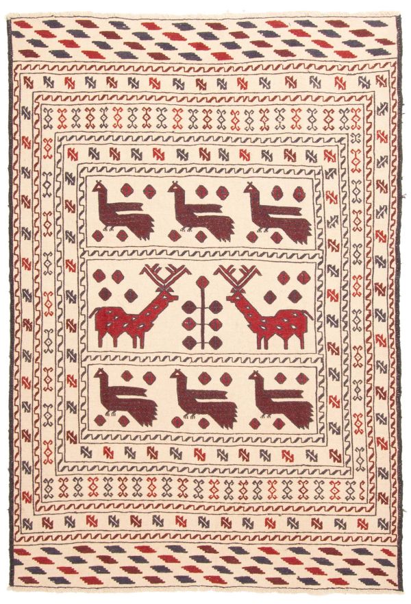 Afghan Shiravan SMK 4'3" x 6'1" Flat-Weave Wool Tapestry Kilim 