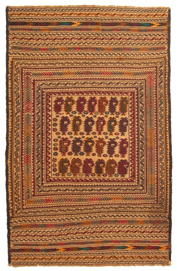 Afghan Shiravan SMK 4'3" x 6'5" Flat-Weave Wool Tapestry Kilim 
