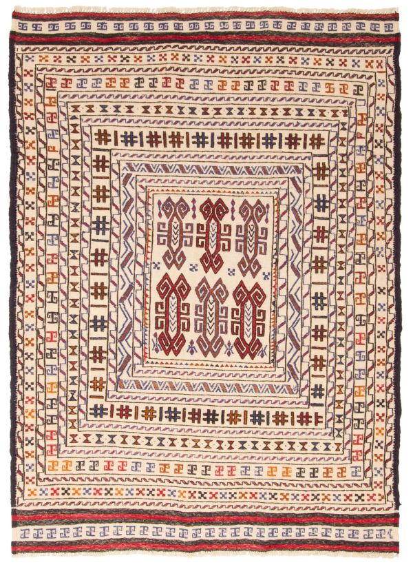 Afghan Shiravan SMK 4'3" x 5'11" Flat-Weave Wool Tapestry Kilim 