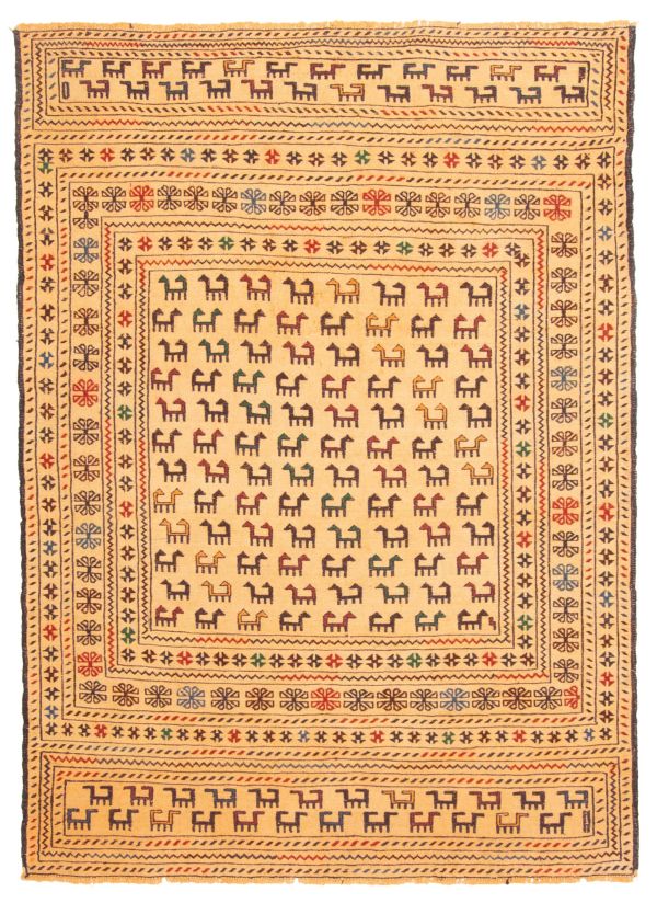 Afghan Shiravan Soumak 4'3" x 5'11" Flat-Weave Wool Tapestry Kilim 
