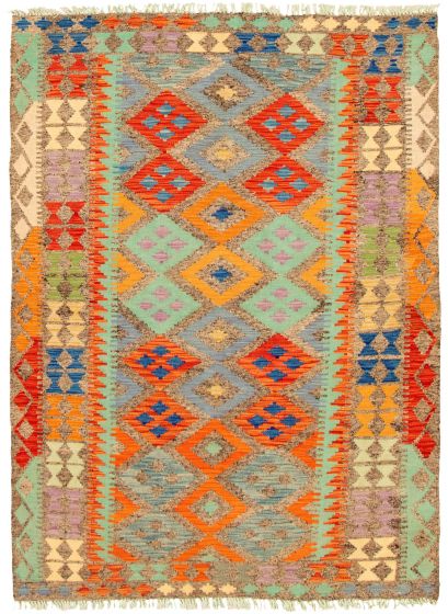 Turkish Bold and Colorful 4'9" x 6'6" Flat-Weave Wool Kilim 