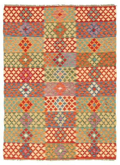Turkish Bold and Colorful 4'11" x 6'9" Flat-Weave Wool Kilim 