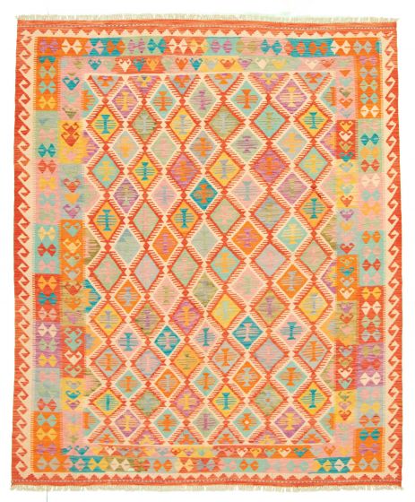 Turkish Bold and Colorful 8'2" x 9'6" Flat-weave Wool Brown Kilim