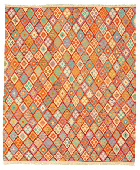Turkish Bold and Colorful 8'3" x 9'9" Flat-Weave Wool Kilim 